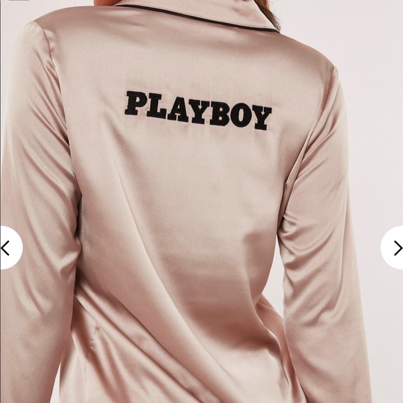Playboy Champagne Satin Shorts & Shirt Pj Set - Picture 2 of 5